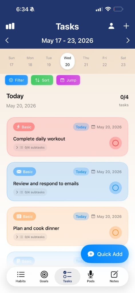 Prospersuit Tasks screen with today view and quick add