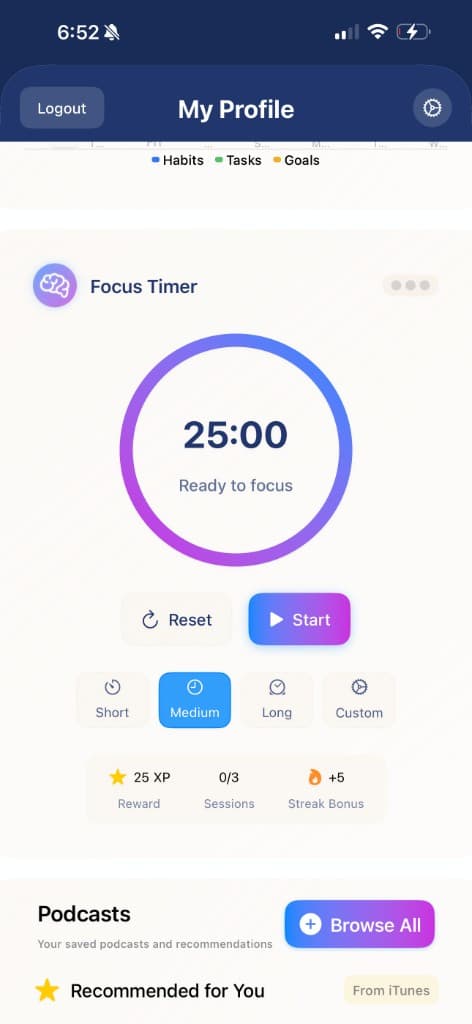 Prospersuit Timers screen with a running habit timer
